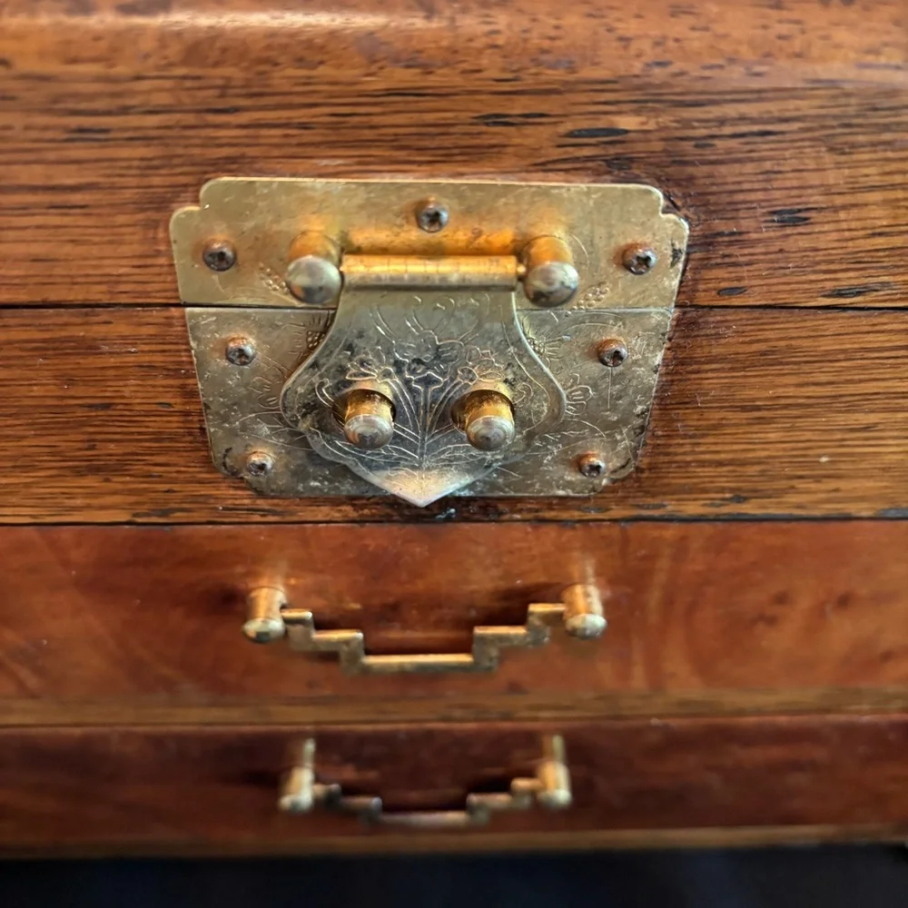 Vintage Wooden Jewelry Box with Brass Accents